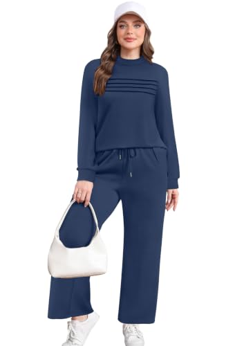 Image of WIHOLL Two Piece Sets for Women Fall Travel Vacation Outfits 2026 Long Sleeve Lounge Sets Side Slit Wide Leg Pants XS-3XL
