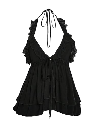Women's Mesh Ruffle Layered Halter Tops Backless Tie Front V Neck Tank Top Going Out Sleeveless Top