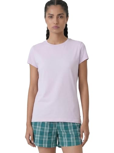 Image of Enamor Short Sleeve Crew Neck Regular Length Basic Crew T-Shirt for Women - Slim Fit, Soft and Breathable Stretch Cotton - E047