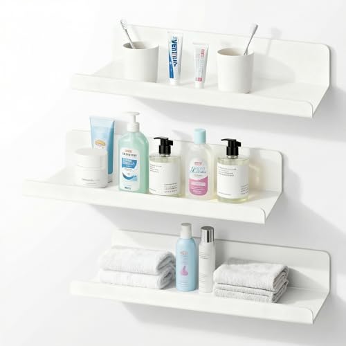 cerbass White Acrylic Floating Shelves Set of 3 - No Drill Adhesive Wall Mount, Perfect for Bathroom Kitchen Bedroom Small Spaces