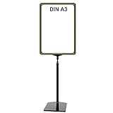 Ständer mit Plakatrahmen DIN A3 grün, in schwarz ist T-Stück, Kunststoffteleskoprohr ausziehbar bis 680 mm und Fußplatte eckig mit Stahleinlage