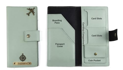 Image of AICA Personalized Name & Charm Long Leather Wallet Passport Cover (Mintgreen) with Passport, Boarding Pass, Currency, Card Slot & Coin Holder for Men & Women | Diwali Gifts for Family and Friends