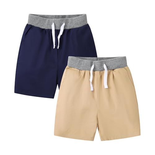 Image of HILEELANG Toddler Boy Chino Shorts Summer Cotton Stretch Drawstring School Uniform Jogger Shorts 2 Pack