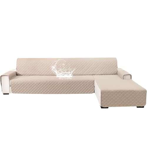 YSTELLAA 100% Impermeable Fundas para Sofa Chaise Longue 4 Plazas(L 280 CM), Cubre Sofas Chaise Longue Izquierdo/Derecho Reversible, Protector Sofa Chaise Longue Gato Perro, Beige