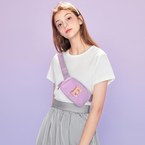 Image of Belt Bag Two-Way Zipper Fanny Pack Crossbody Bags with Initial Letter Patch Cute Stuff for Teenager Girls Trendy Preppy Stuff for Teen Girls Birthday Gifts Cool Stuff for Teens (Lavender-E)