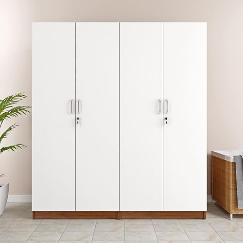 Image of VIKI Wardrobe |Wooden Almirah for 4 Door Fully Shelves Wardrobe (Walnut |White - 40D x 160W x 180.8H) | 1 Year Warranty | Free Assembly