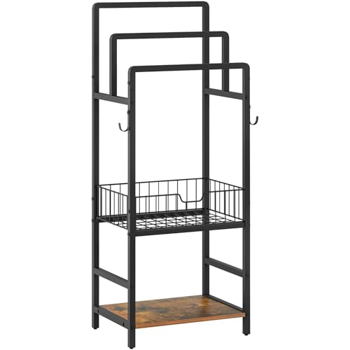 HOOBRO Portasciugamani Autoportante, Portasalviette da Terra con 3 Barre in Metallo, Cestello e Ripiano, Porta Asciugamani con 1 Gancio, Porta Coperte per Bagno, Nero e Marrone Vintage EBF13LB01