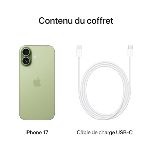 Apple iPhone 17 256 Go : Écran 6,3 pouces avec ProMotion, Puce A19, Caméra avant Center Stage, Meilleure résistance aux rayures, Autonomie d’une journée ; Sauge