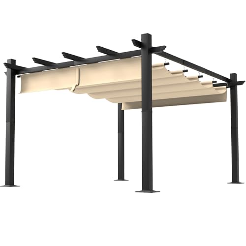 Aoxun 10‘×12’ Outdoor Pergola, Metal Patio Pergola with Brown Shade Cover, Upgraded Canopy with Adjustable Roof for Backyard, Garden