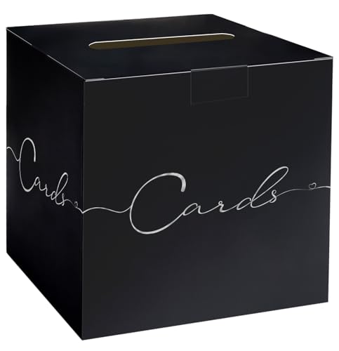 Image of HEIPINIUYE Large Card Box for Party 9.8 inch x 9.8 inch Black Gift Card Box Holder with Silver Foil Design for Wedding Birthday Baby Shower Graduation Retirement Party Raffle Box