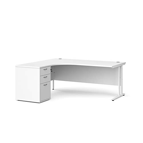 Mr Office Maestro 25 left hand ergonomic desk with white cantilever frame and desk high pedestal bundle, White, 1800