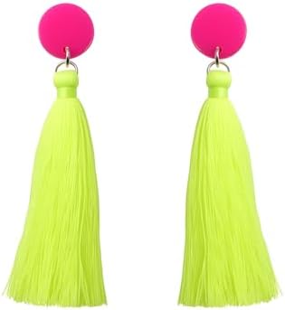 80s 90s Neon Tassel Dangle Earrings, Long Colorful Fringe Drop Earrings for Women, Retro Costume Jewelry for Party & Festival image 4