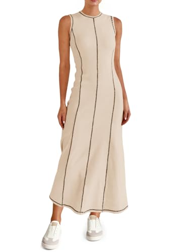 Wenrine Womens Tank Maxi Dress Sleeveless Crew Neck Knit Ribbed Summer Contrast Stitch Dresses