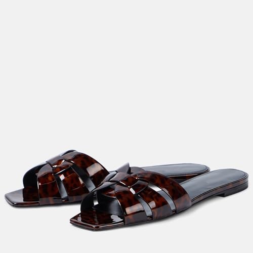 Image of THESHY Women's Flat Sandals Square Toe Patent Leather Comfortable Slip on Slippers Casual Summer Dressy Beach Slide Sandals for Women