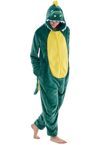JUOLOET Unisex Adult Onesie Pajamas Dinosaur Animal One Piece Snug Fit Halloween Costume Sleepwear HomewearDark Green Dinosaur X-Small