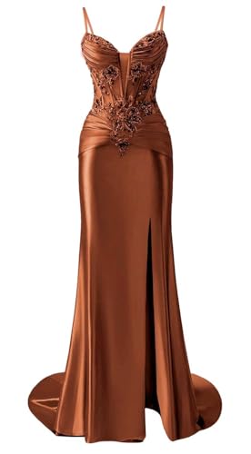 KIYNE Satin Burnt Orange Prom Dresses for Teens with Slit Spaghetti Strap V Neck Ball Gown Corset Mermaid Graduation Party Dress UK16