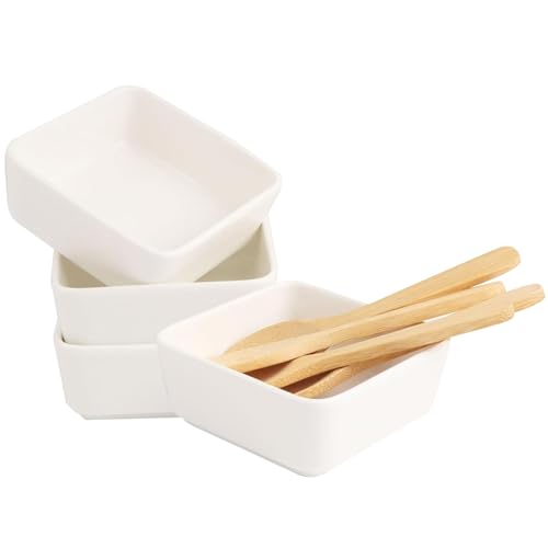 JTgugu Juego de 4 cuencos de cerámica para salsas y postres, incluye cuchara de madera