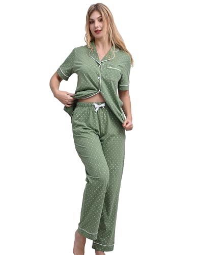 Image of NAP BOUND 100% Cotton Women's Pajama Sets Short Sleeve Button Down Soft Pjs 2 Piece Lounge Set with Pocket Nightwear XS-XXL