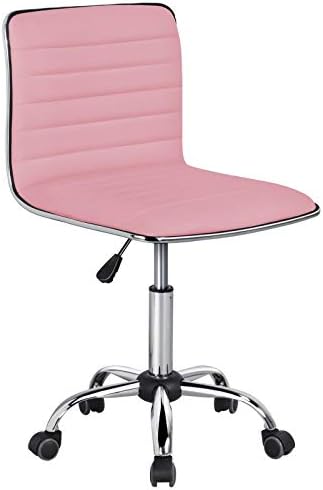 Yaheetech Pink Low Back PU Leather Ribbed Armless Office Chair, Ergonomic Swivel Task Chair with Wheels for Women