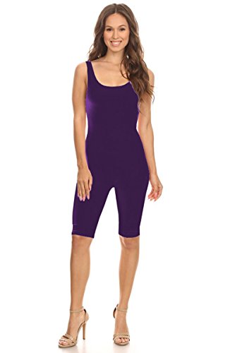 Women Sleeveless Stretch Skinny Solid Knee Length Sport Unitard Bodysuits Active (Small, Purple)