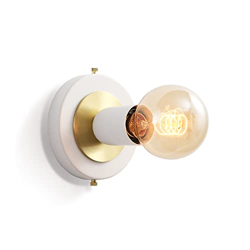 Image of BRIGHTTIA Luna Uno 1-Light Wall Sconce - Mid Century Industrial Modern Flush Mount Fixture for Wall & Ceiling - Minimalist Lamp for Bathroom and Small Spaces - White & Gold (BC0026-1WG)