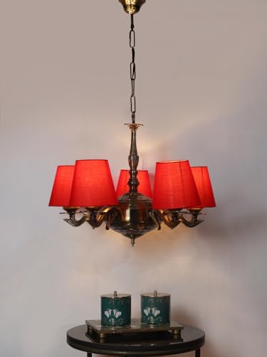 Image of Devansh 05 Lights Red conical Cotton Shade with Antique Golden Chandelier