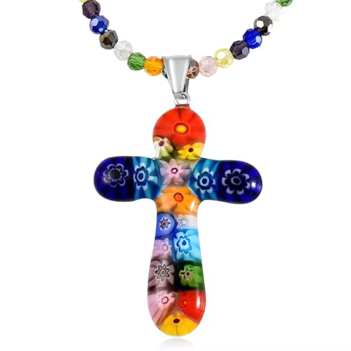 SHOP LC DELIVERING JOY Stainless Steel Glass Murano Style Multi Color Beaded Cross Choker Pendant Necklace Delicate size 20" Catholic Faith Christian Religious Statement Jewelry Gifts for Women