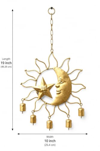 Image of DULI Metal Windchime Wall Hanging, Feng Shui, Wall Art, Wall Decor, PositiveVibes, Rustic Wall Hangings, Wall Art, Diwali Decor, Home Decor, Positive Vibes (MetalHanging-HalfSunwithBell)