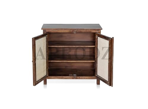 Image of APRODZ 2 Door Cabinet with Wicker Front 2 Shelves | Mango Wood Storage Organizer | Rustic Durable Stylish Wooden Furniture | Compact Design Home Decor (Brown)