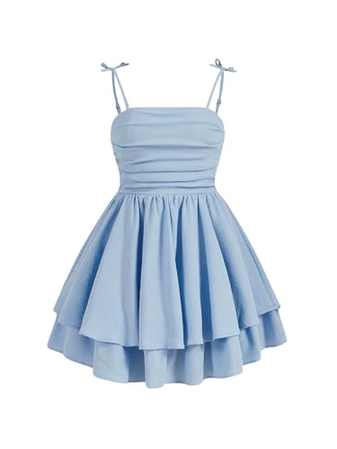 SHENHE Girl's Smocked Ruched A Line Swing Dress Layered Tie Shoulder Flowy Cami Short Dress