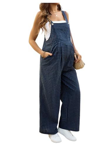 MakeMeChic Womens Maternity Overalls Summer Gingham Sleeveless Wide Leg Y2K Pregnancy Jumpsuits Blue Large