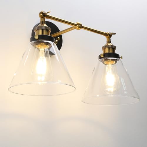 Image of PERMO Industrial 2-Lights Wall Sconces with Dual Funnel Clear Glass Shade Double Sconce Antique Wall Sconce for Mirror Hallway Bedroom, Hardwired, E26 Base