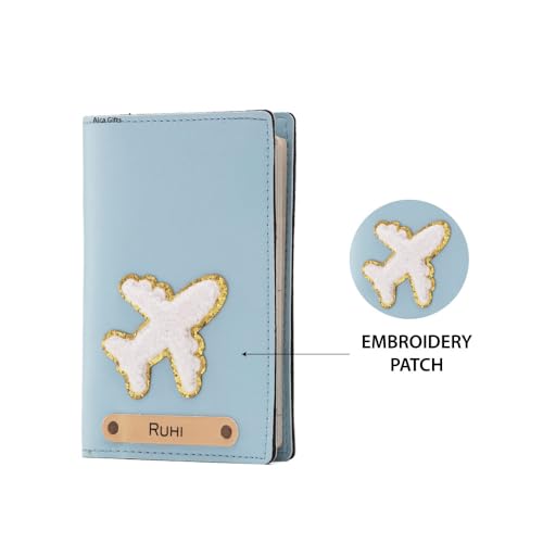 Image of AICA Personalised Name & Embroidery Patch Leather Passport Holder for Men & Women | Gifts for Women| Gift for Man|Passport Cover for Men| Passport Cover for Women (Babyblue)