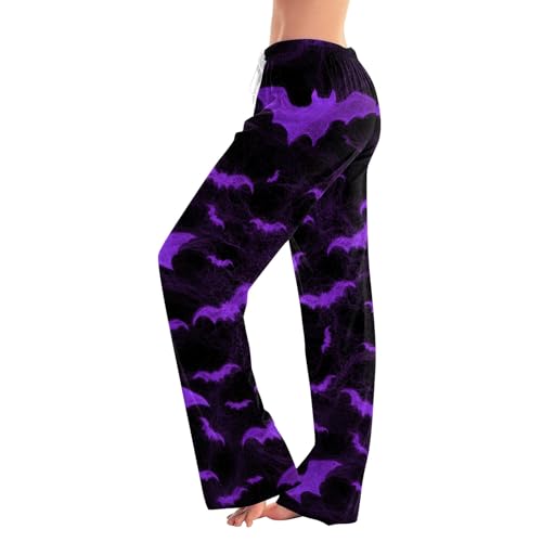 Halloween Pajama Pants Ghost Skeleton Pumpkin Pj Pants Orange Skull Spooky Soft Stretchy Drawstring Comfy Fit Wide Leg Elastic Waist Sleepwear Halloween Clothes Dark Purple L