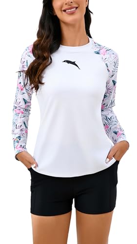 Halcurt Women Long Sleeves Bathing Suit Built in Bra SPF 2 Piece Modest Rash Guard White L