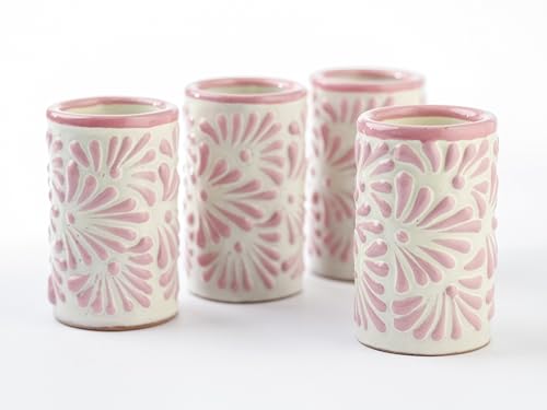 Image of Talavera Shot Glasses Set of 4 Authentic Mexican Tequila Shot Glasses - Hand-painted - 2 Oz (Pink Brushstroke White Background)