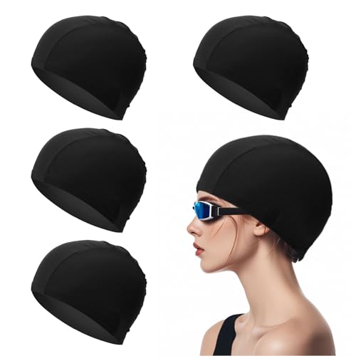 TUONYIS 4 Piezas Gorro de Natación Elástico,Sombrero de Natación de Tela Cómoda, Gorro Piscina Ligero para Deportes Acuáticos Antideslizante para Niños Adultos (Negro) (Negro)