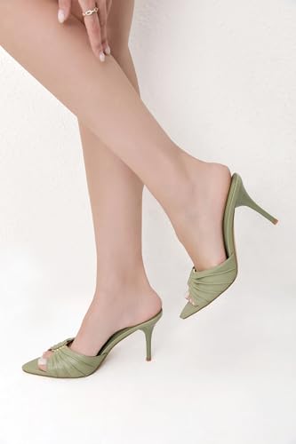 Image of iiimmu 3.5 IN Stiletto Mules High Heels with Pointed Peep Toe Heeled Sandals Faux Leather