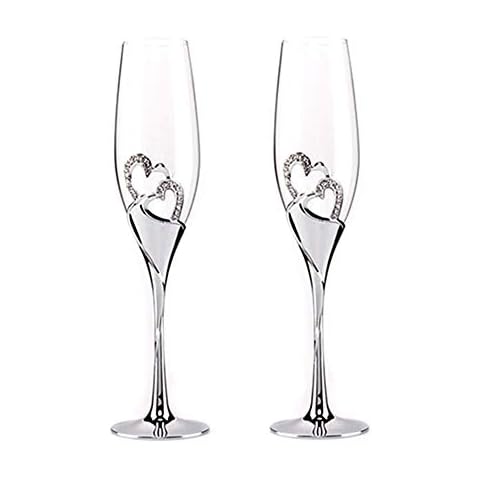 DPWELL 2-Piece Creative Champagne Glass Set Elegant Wedding Gift Crystal Diamante Heart Decoration Toasting Champagne Flutes Cup Glasses Pair Cover