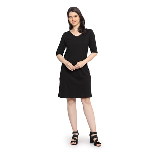 Image of Frenchtrendz Women's Cotton and Back Lace Designer V-Neck A-Line Knee Length Dress