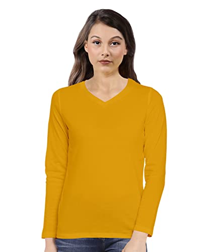 Image of Pooplu Women's Regular Fit Plain V Neck Full Sleeves Multicoloured 100% Cotton Pootlu T Shirt. Stylish, Casual Tshirts