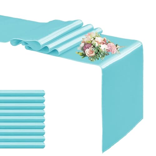 10 Pack Satin Table Runner 12 x 108 Inch Long,Satin Silk Table Runner for Wedding,Birthday Party and Banquet Decoration,Turquoise by OQSC - Used condition - Image 8
