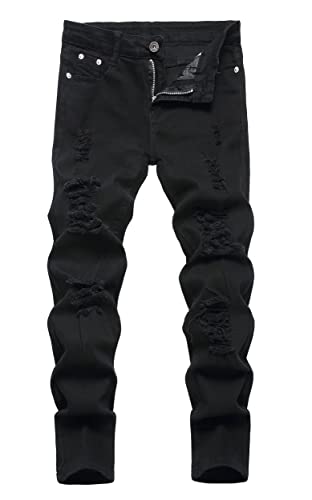 Boy's Skinny Fit Ripped Destroyed Distressed Stretch Slim Moto Biker Fashion Denim Jeans with Holes2