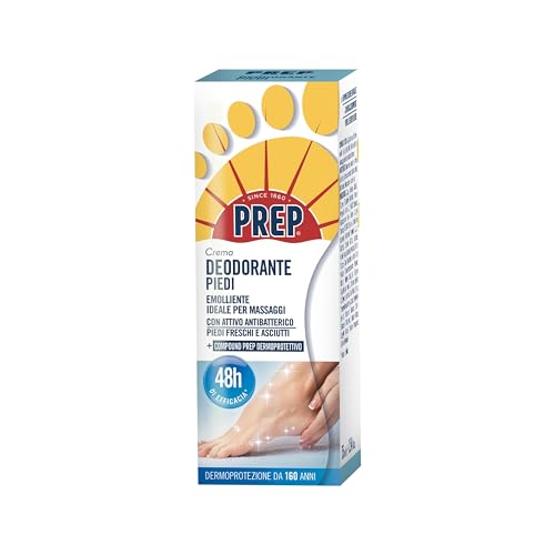 Prep, Crema Deodorante Piedi, Crema per i Piedi Antiodore con Attivo Antibatterico, a Base di Talco, Olio di Crusca di Riso, Mentolo e Aloe Biologico, Effetto Rinfrescante, Formato 75 ml