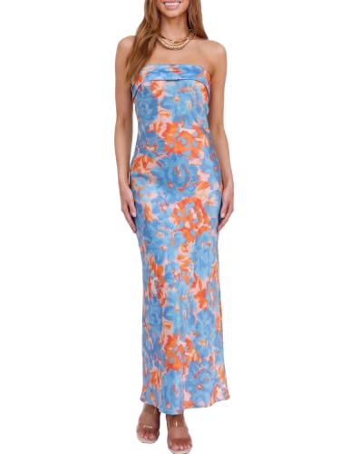 Image of Realtix Summer Satin Strapless Backless Maxi Dress for Women Wedding Guest