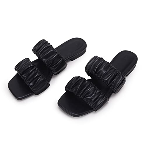 Piepiebuy Womens Square Open Toe Flat Sandals Slip On Mule Slides Faux Leather Slipper #TOP2