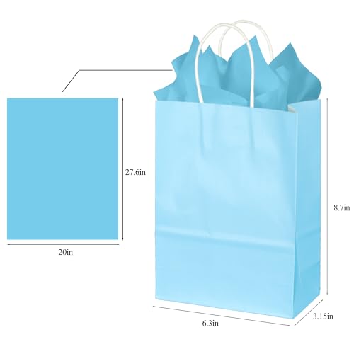 Image of BLEWINDZ 32Pcs Small Paper Gift Bags with Tissues, Light Blue Party Favor Bags with Handles, 8.7 inch Goodie Bag for Birthday, Shopping, Party Supplies