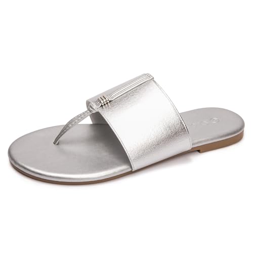 Women's Elastic T-Strap Sandals - Comfortable Slip-On Summer Flats, Stretchy Slide Sandals for Walking, Beach, and Casual Wear Silver 072