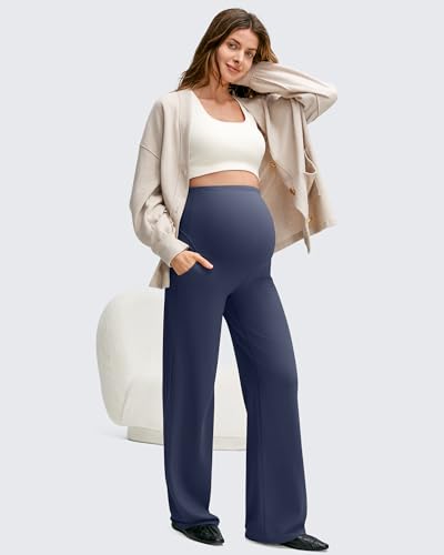 Image of G4Free BareFeel Maternity Pants Over the Belly Pregnancy Trousers for Work | High Waist Coverage,Two Side Pockets,Wide Leg Design,Soft Knit Fabric,for Dress Casual Yoga