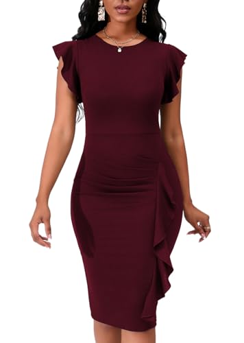 Image of PerZeal Women's 2026 Flutter Sleeve Bodycon Midi Dress Sexy Crew Neck Knit Ruffle Wear to Work Cocktail Party Pencil Dresses